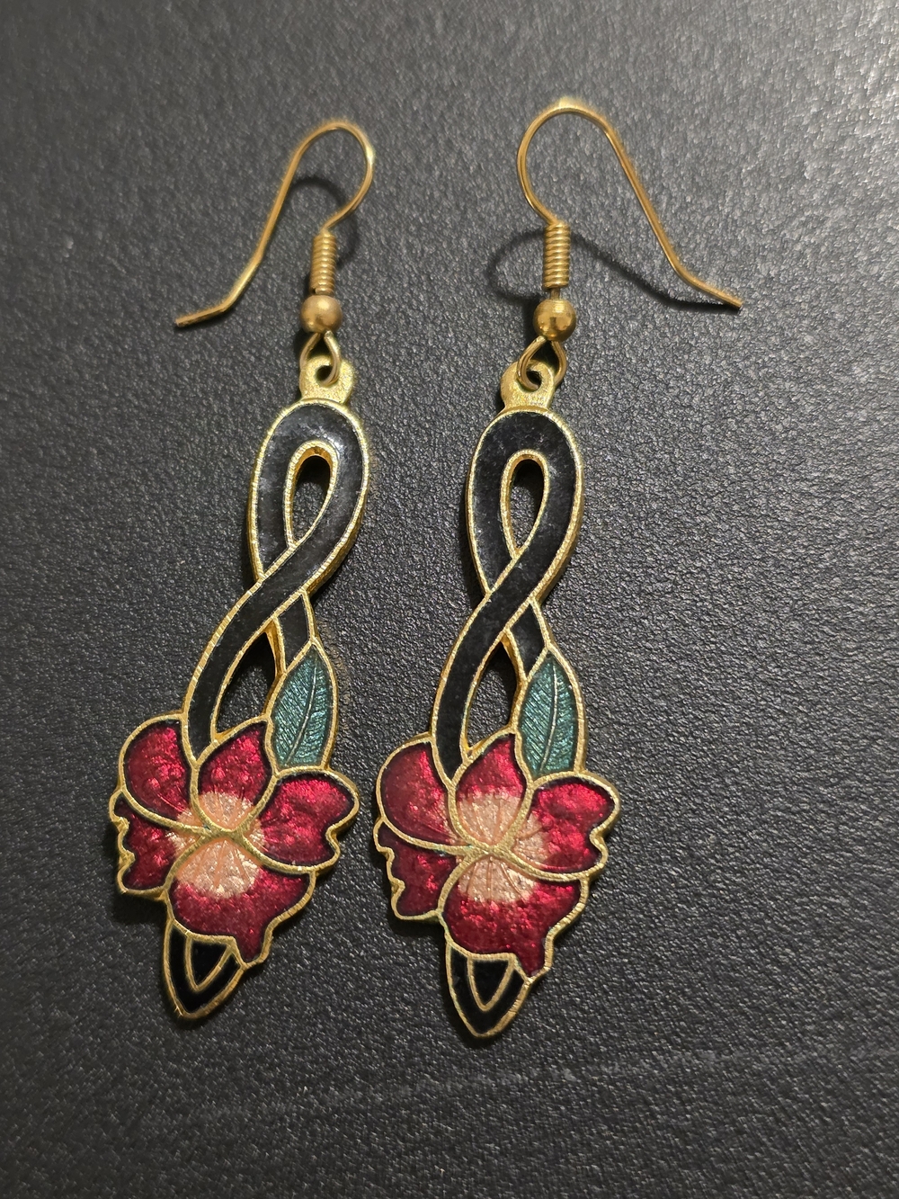 Vintage Floral Cloisonne' Drop Earrings with Red, Black And Green Enamel